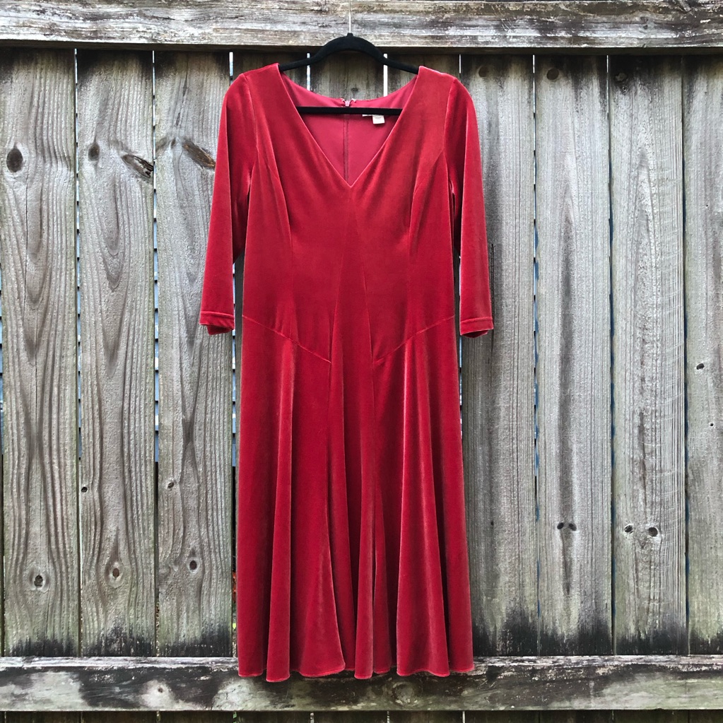 Coldwater Creek Red Velvet Midi Dress Cranberry Size 12 Drop Waist 3/4 Sleeve